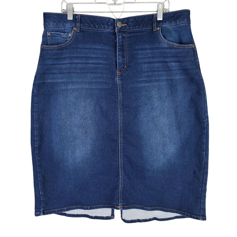 Womens Est. 1946 Blue Denim Skirt Cotton Blend Stretch Slit Back 27" Size 16W